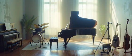 A sunlit music room featuring a grand piano, drumset, and various string instruments arranged neatly, creating a harmonious and creative ambience.