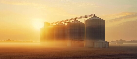 Industrial silos stand tall in a foggy, golden sunrise over farmland, showcasing a peaceful rural scene.
