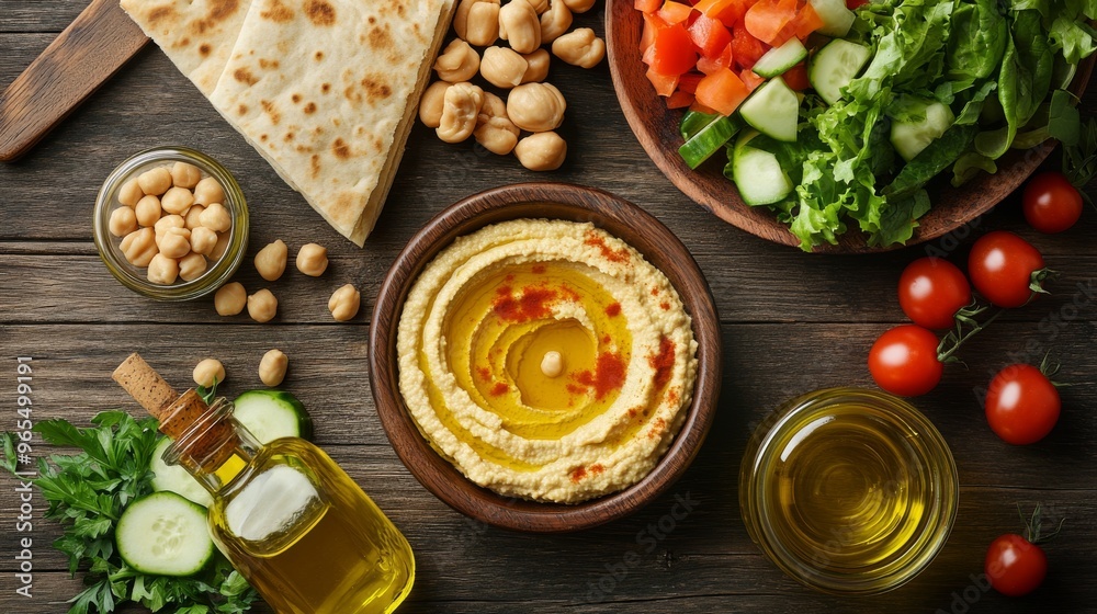 Wall mural Mediterranean breakfast spread with pita bread, hummus, olives, and a salad of fresh vegetables, served with freshly squeezed juice