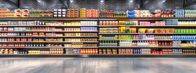 Supermarket shelves filled with food products