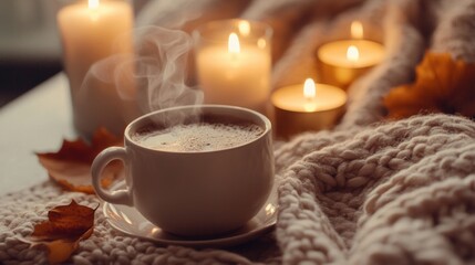 Isolated shot of_a mug of_ a hot_drink, in autumn
