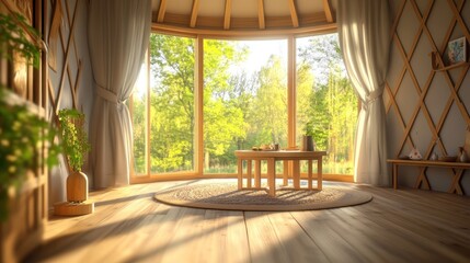 Fototapeta premium Wooden table and rug in a round room with a view of trees outside a window.