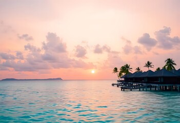 Tropical island resort with tree. Sunset over the beach