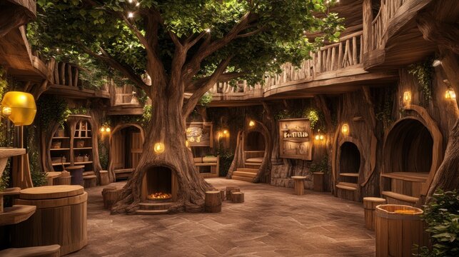 Cozy and magical treehouse interior with a fireplace, wooden furniture and lighting, perfect for fantasy or children's stories.