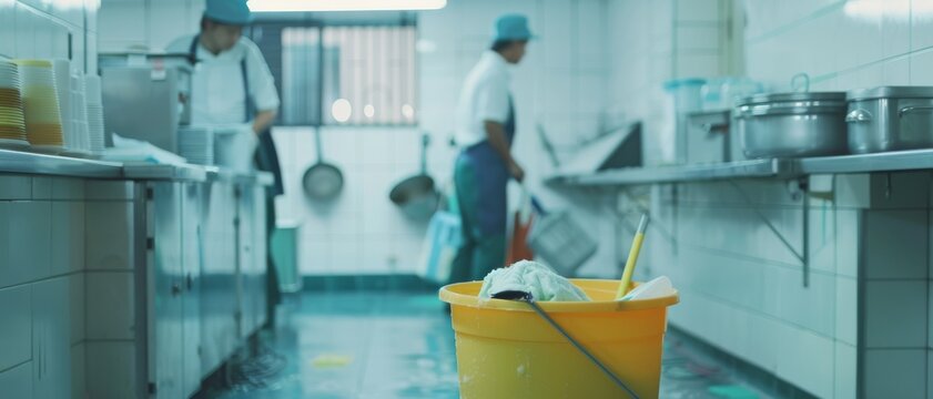 Two workers methodically clean a restaurant kitchen, focusing on hygiene and maintenance in a well-organized, sanitary environment.