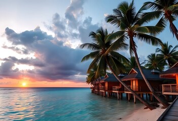 Fototapeta na wymiar Tropical island resort with tree. Sunset over the beach