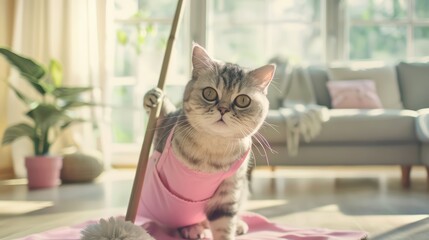 A playful cat in a pink outfit poses adorably at home, showcasing charm and cuteness in a cozy living room setting.