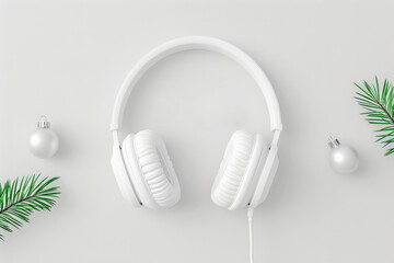 White headphones surrounded by christmas tree branches and baubles on a minimalist background,...