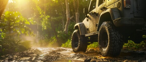 A rugged jeep traverses through a dense forest, navigating a muddy terrain with determination under the golden hues of a setting sun.