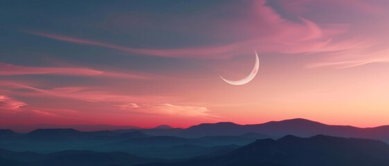 Fototapeta premium A serene crescent moon rises over a breathtaking landscape of dark rolling hills beneath a vibrant, colorful sky at twilight.