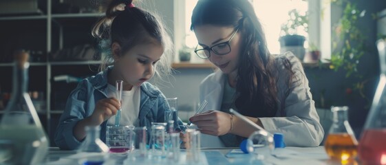 A mother and daughter engaged in a fun and educational science experiment, surrounded by laboratory equipment at a brightly lit home.