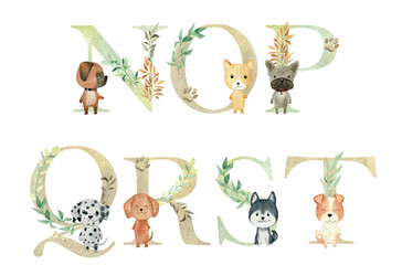 Vector watercolor dogs letters for invitation card, nursery poster and other.