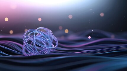 Fototapeta premium An atom with glowing protons radiates blue light above swirling water ripples, enhanced by neon pink highlights, merging science with a futuristic aesthetic