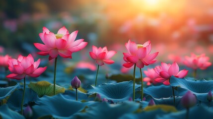 Obraz premium Pink Lotus Flowers Blooming in a Pond at Sunset