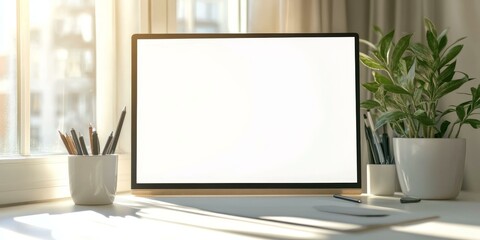 White desk with a laptop, pencils, and a plant.