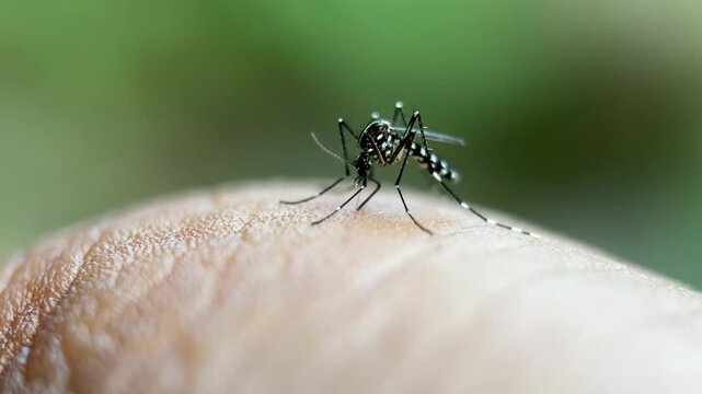 Close up of mosquitoes sucking blood on the human body, Asian tiger mosquito (Aedes albopictus)