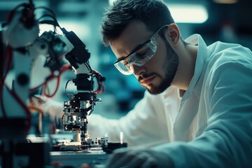 Engineer working on a futuristic robotics prototype