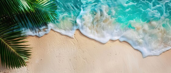 Obraz premium Tropical Beach Scene with Ocean and Palm Leaves, vibrant coastal imagery featuring lush palm foliage, serene ocean waves, ideal for digital design or print projects