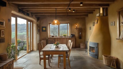 Fototapeta premium Rustic dining room with a wood burning stove and a view of rolling hills through a large window.