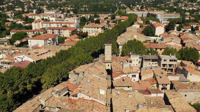 Drone view of rural town and surrounding landscape Manosque