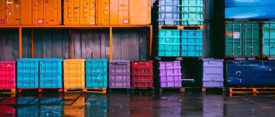 Fototapeta premium A vibrant collection of industrial storage containers in varying colors like orange, purple, and blue, aligned neatly in a warehouse setting.
