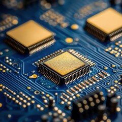 Gold microchips on a blue circuit board, illustrating the significance of gold in modern technology and its integration within electronic systems and devices