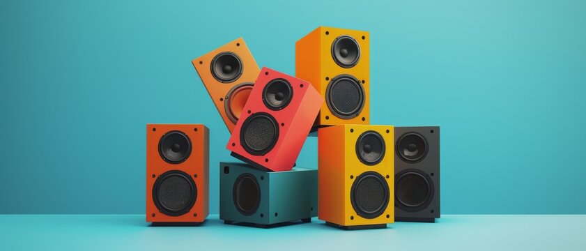 A vibrant collection of colorful speakers stacked playfully against a blue background, creating a dynamic and energetic visual display.