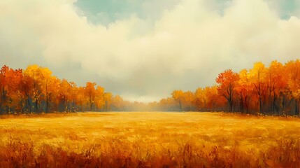 Serene Autumn Landscape with Mist Rising, tranquil scene of golden foliage enveloped in soft mist, creating a peaceful, ethereal atmosphere