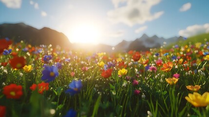 Obraz premium Vibrant Spring Meadow, a tranquil landscape adorned with a variety of colorful wildflowers under a clear blue sky, inviting peaceful reflection.