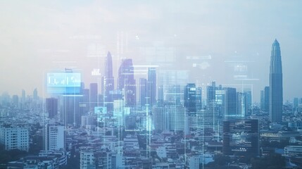 Obraz premium Futuristic Cityscape with Digital Overlay