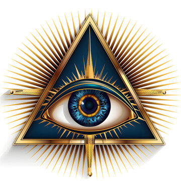 Illuminati all-seeing eye inside golden triangle mystical geometric symbol radiant blue iris spiritual awakening secret knowledge cosmic energy enlightenment ancient power esoteric design mystery

