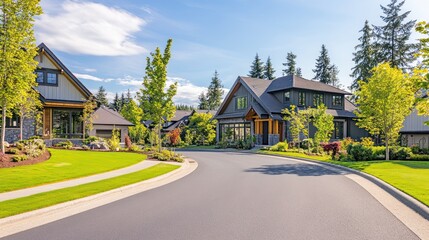 Naklejka premium A quiet cul-de-sac in a suburban neighborhood with well-kept lawns and modern homes on a sunny day.