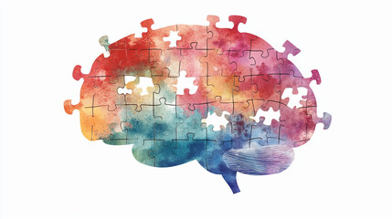 A stylized brain illustration with puzzle pieces missing