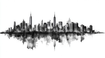 Fototapeta premium New York skyline in black and white watercolor style on transparent background.