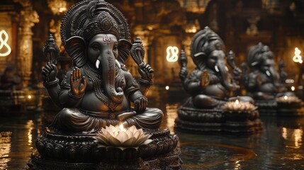 Obraz premium Ganesha Statue with Candle and Water Reflection