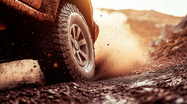 Close-up of muddy off-road vehicle tire in motion, kicking up dirt and dust as it drives on rugged terrain, capturing the dynamic action and power of off-road adventure