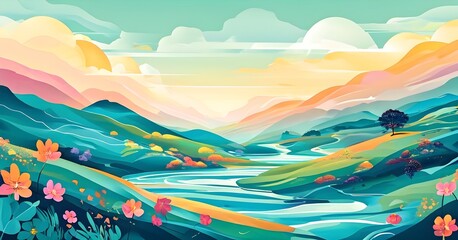 Easter-themed abstract landscape with fluid, flowing lines representing hills, flowers, and hidden eggs in soft, pastel shades