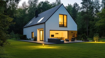 Obraz premium Modern white house with illuminated windows, wooden accents, and a patio in a forest setting.