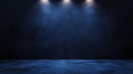 Deep indigo wall with a warm spotlight shining from above at a wide angle, leaving space for text or clean design with an inviting glow.
