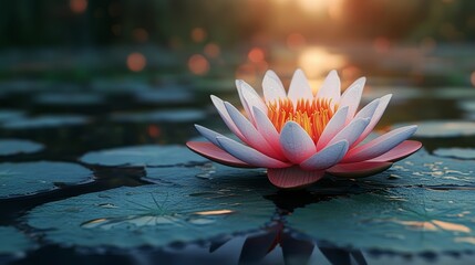Pink Water Lily Flower Blooming on Pond Surface with Green Leaves at Sunset
