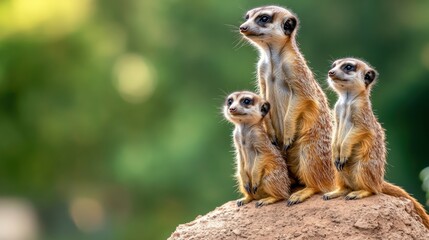 Fototapeta premium Three small animals sitting on top of a rock in the forest, AI