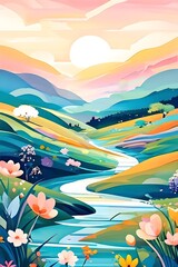 Easter-themed abstract landscape with fluid, flowing lines representing hills, flowers, and hidden eggs in soft, pastel shades