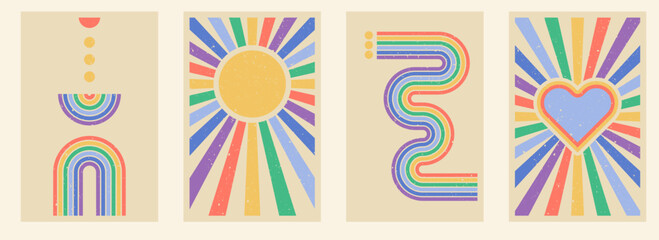 Zen arch poster set, retro style simple line arch and shapes. Geometric rainbow Japanese zen pattern, minimal elements. Boho style strips.