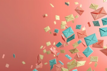 Colorful paper envelopes floating against a soft pink background, symbolizing communication and connection in a vibrant setting.