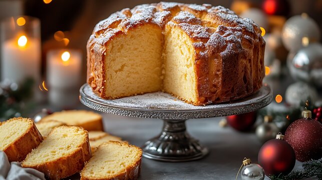 A beautifully presented Italian Panettone on a silver cake stand, the golden-brown crust dusted with powdered sugar, with slices arranged around it,