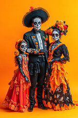 Fototapeta premium Family dressed up for Halloween and the Day of the Dead isolated in orange