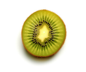 A close-up photo of a kiwi slice, isolated on a white background with no shadows, in a top view.