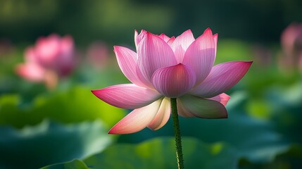 Fototapeta premium Pink Lotus Flower in Bloom with Green Background