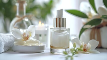 Glass bottle of skin care cream with natural vitamins and spa treatment products on a white background