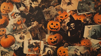 A vibrant Halloween collage featuring pumpkins, witches, and spooky themes, perfect for seasonal decorations and celebrations.
